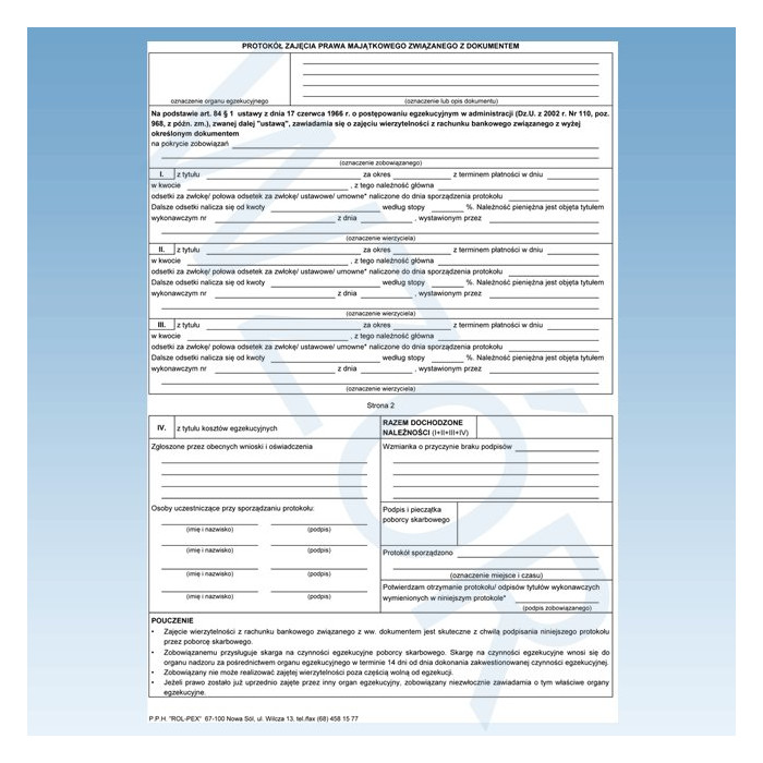 Protokół zajęcia prawa majątkowego związanego z dokumentem