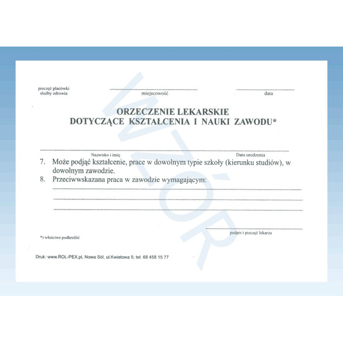 Orzeczenie lekarskie dotyczące kształcenia i nauki zawodu A-6 - bloczek 80 kartek