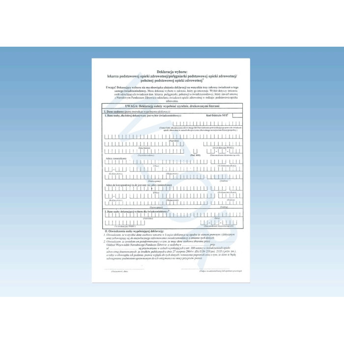Deklaracja wyboru lekarza POZ / pielęgniarki podstawowej opieki zdrowotnej / położnej podstawowej opieki zdrowotnej A-5 - blocze